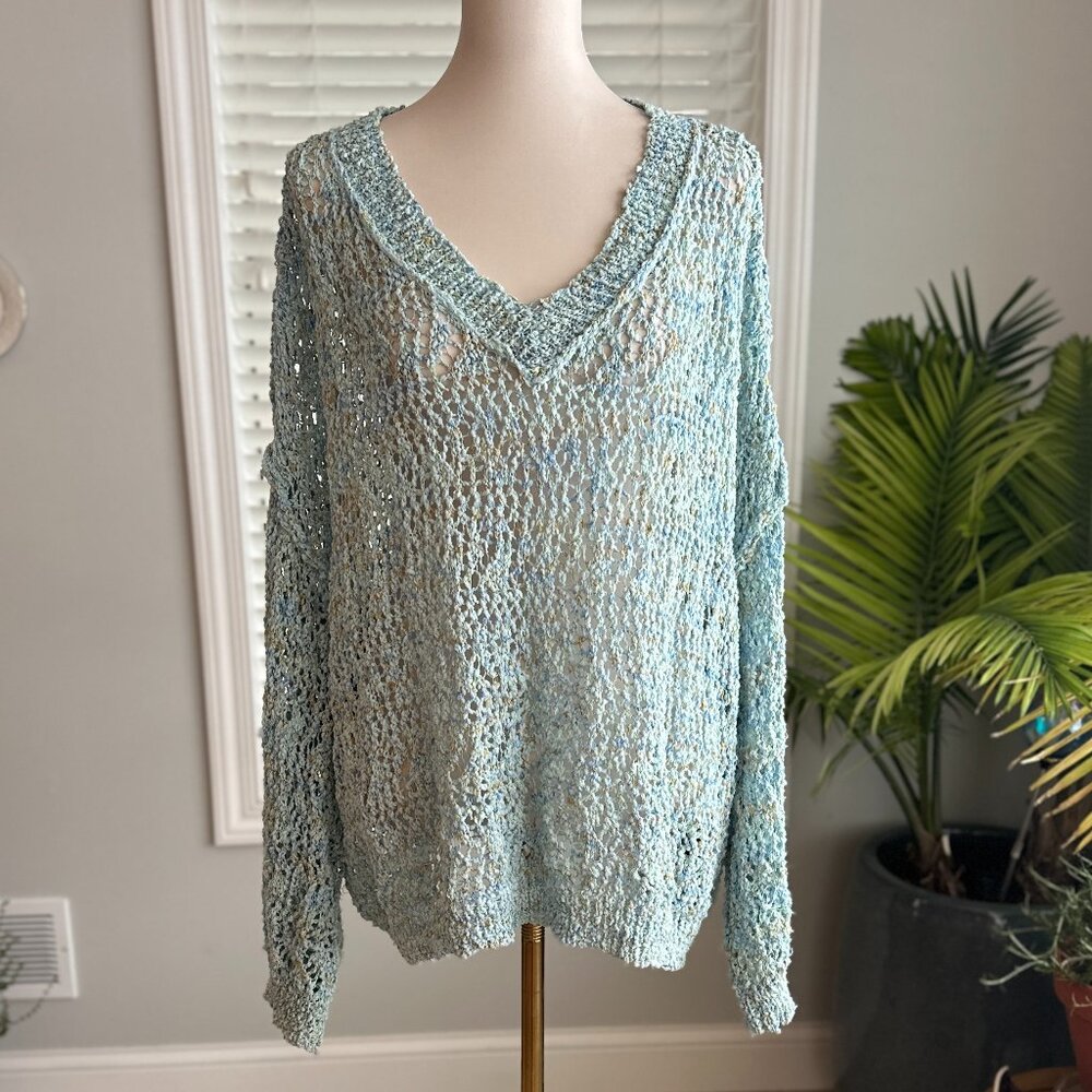 POL Super Stretchy Knit Netting Seaside V Neck Sweater Sz L